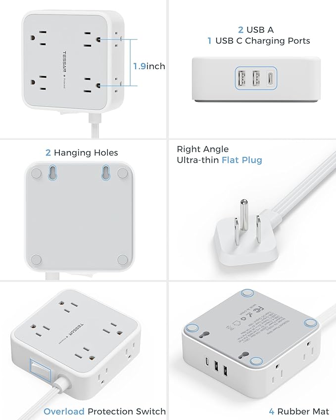 TESSAN 10 Ft Surge Protector Power Strip, 3 USB(1 USB C) 8 Outlets, Flat Plug Extension Cord with Multiple Outlets, 900J Protection, Desk Charging Station for Home, Dorm Room Essentials, Grey