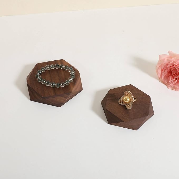GemeShou single Walnut Jewelry display Tray for selling, Wooden hexagon display riser for jewelry, Jewelry retail shop display stand, photography props【Walnut Hexagon single Small】