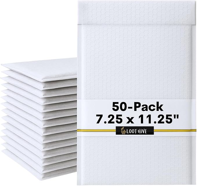 50-Pack 7.25x11.25" White Poly Bubble Mailers, Padded Shipping #1 Envelopes Self Seal Tear Resistant Lightweight Mailing Bags for Small Business, Books, DVDs, Gifts