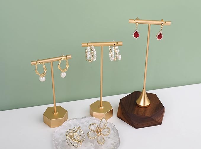 GemeShou Gold Metal 2pcs T Bar Earring Retail Display Stand for show, Tabletop Jewelry Tower Holder for Girl Women【Gold-Hexagon Base 2pcs Height 4.5" and 5.3"】