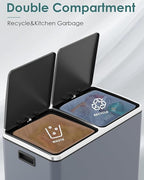 Arlopu Dual Trash Can, 2 x 8 Gallon (2 x 30 L) Hands-Free Trash and Recycle Bin Combo, Stainless Steel Kitchen Garbage Can with Soft-Close Lid, Removable Inner Buckets, Step Pedal, Airtight (Grey)