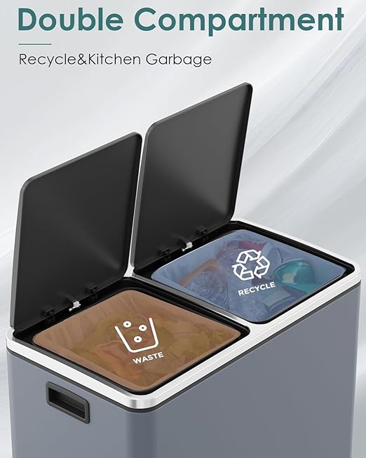 Arlopu Dual Trash Can, 2 x 8 Gallon (2 x 30 L) Hands-Free Trash and Recycle Bin Combo, Stainless Steel Kitchen Garbage Can with Soft-Close Lid, Removable Inner Buckets, Step Pedal, Airtight (Grey)