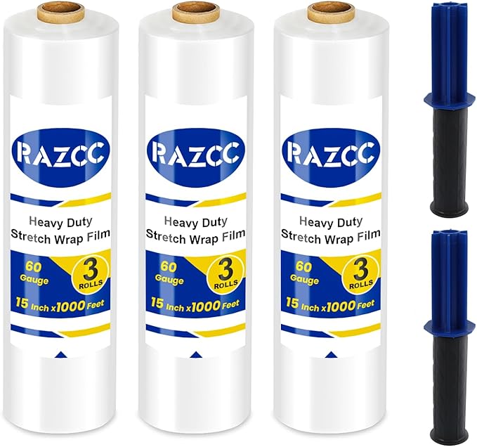 Stretch Film, RAZCC Stretch Wrap Industrial Strength, Shrink Wrap for Pallet Wrap, Heavy Duty Clear Plastic Wrap with Handles, Moving Wrapping Plastic Roll, 15" x 1000 Ft Per Roll, 60 Gauge, 3 Pack
