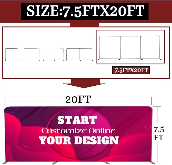 Custom Tension Fabric Display Backdrop Trade Show Backdrop Banner Stand for Weddings, Events, Booth (Double Sided Print 7.5x20 Ft)
