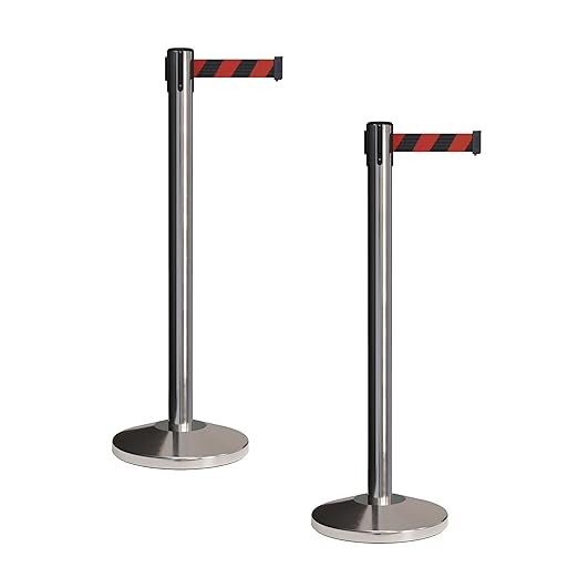 CCW Set of 2 Retractable Belt Barriers Stanchion, Polished Stainless Steel Post, RBB-100 (7.5 Foot Belt, Black and Red Diagonal Belt)