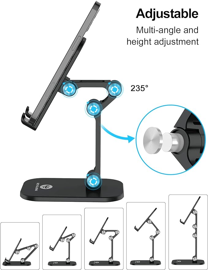 OCYCLONE Cell Phone Stand + 2 PCS Cable Organizer, Angle Height Adjustable iPhone Stand for Desk, Foldable Cell Phone Holder Tablet Stand Compatible with 4.7"-13" Phone Tablet