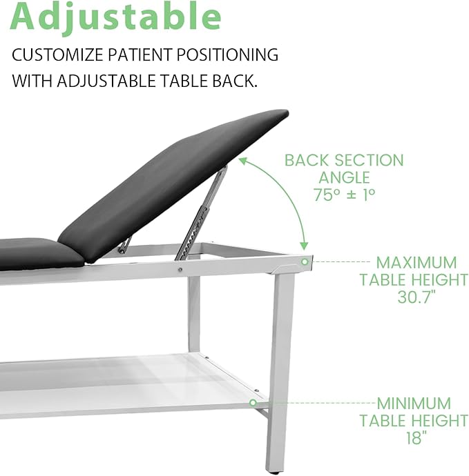 Adjustable Exam Table with Paper Roll Dispenser & Shelf, Physical Therapy Medical Exam Table, Patient Examination Bed, Durable, Low Maintenance and Holds Up to 400 Lbs (Black)