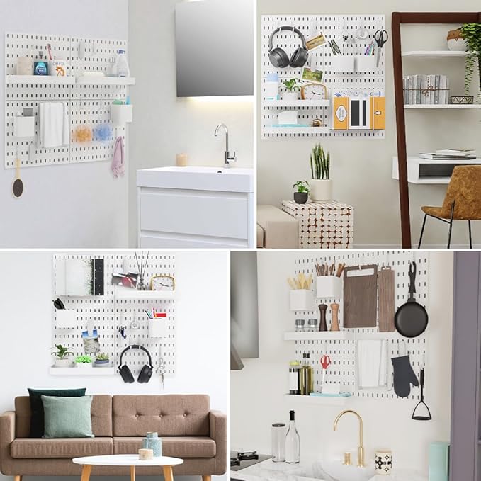 16pcs Pegboard sets, Plastic White Peg board Wall Organizer Kits,4pcs Peg Board and 12 Accessories Modular Hanging, Wall Mount Display Pegboard Panel Sets for Home Office Garage Kitchen Workshop