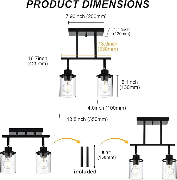 Yaohong 2-Light Kitchen Track Light Fixtures Ceiling Vanity Lights Black, Bathroom Track Lighting Kit with Ajustable Heads, Modern Wall Ceiling Tracking Light for Hallway Shop