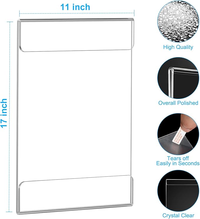 EHWINE 4 Pack 11x17 Wall Mount Acrylic Sign Holder, Wall Signs Photo Menu Flyer Display Holders, Plastic Clear Acrylic Frames for Office Home Hotel Business Store (with Adhesive Tape)