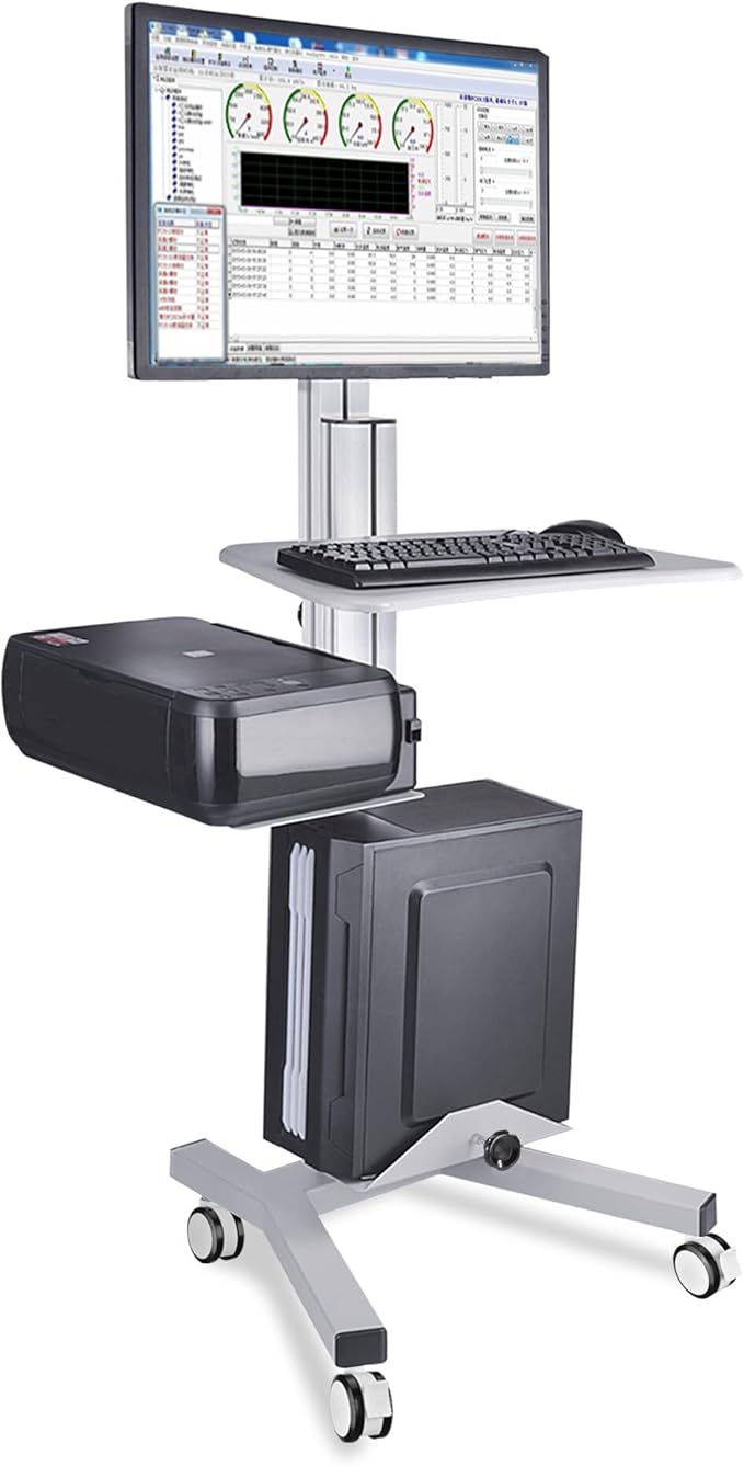 Yescom Mobile Computer Cart Rolling PC Stand Desk Workstation on Wheels with Monitor Mount Adjustable Keyboard Tray CPU Printer Holder for Hospital Clinic School Office Silver