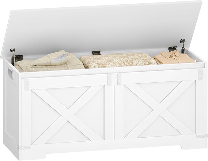 42.9" Storage Chest, Large Storage Trunk with 2 Hinges, Farmhouse Wooden Box Bench, Lift-Top Organizer Chest, Entryway Trunk for Bedroom, Living Room, White SB10903X