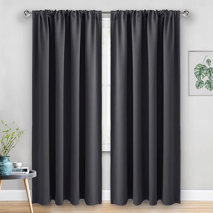 JIUZHEN Blackout Curtains for Bedroom - Thermal Insulated Room Darkening Rod Pocket Curtains for Living Room, Set of 2 Panels with Tiebacks, 52 x 96 Inch Length, Dark Grey