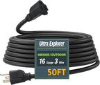 50 Ft Indoor Outdoor Black Extension Cord, 16/3 SJTW Heavy Duty Water-Resistant, 3 Prong Grounded Plug Power Cord for Home Appliance, Lights and Lawn, 13A 1625W, UL Listed