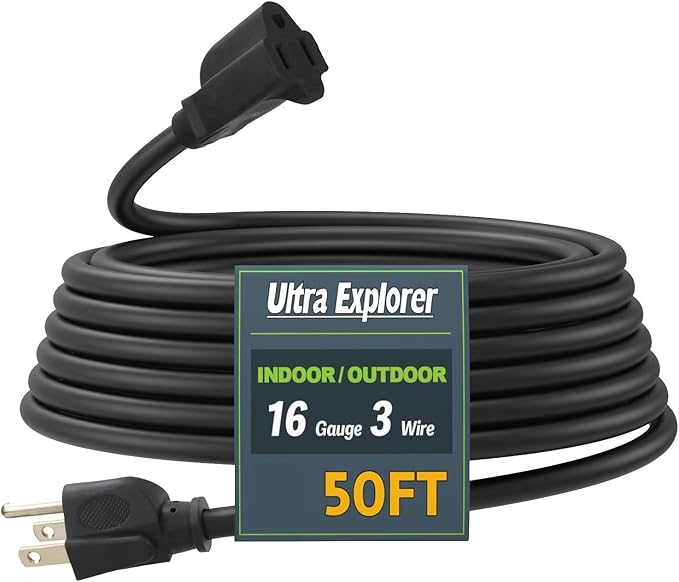 50 Ft Indoor Outdoor Black Extension Cord, 16/3 SJTW Heavy Duty Water-Resistant, 3 Prong Grounded Plug Power Cord for Home Appliance, Lights and Lawn, 13A 1625W, UL Listed