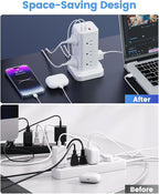 15-in-1 Power Strip Tower with Surge Protector 1800J, Fast Charging Tower PD20W USB-C Ports with 12 AC Outlets, 15ft Extension Cord for Home Office Dorm Room, White