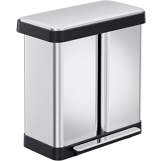 Arlopu 16 Gallon Dual Trash Can, 60L(2x30L) Stainless Steel Kitchen Garbage Can, Step-on Classified Recycle Garbage Bin with Removable Inner Buckets, for Kitchen, Living Room, Office (Silver)
