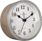 Presentime & Co 4" Farmhouse Tabletop Alarm Mantel Clock, Desk and Shelf Clock, Silent no Ticking, Light Grey Oak and Rusted Galvanized Finish. Tabletop Décor, Home Décor, Farmhouse Décor
