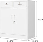 Metal Storage Cabinet, Locking Storage Cabinet with Adjustable Shelf, 36" H Metal Cabinets with 2 Drawers for Office, Garage, Home-White