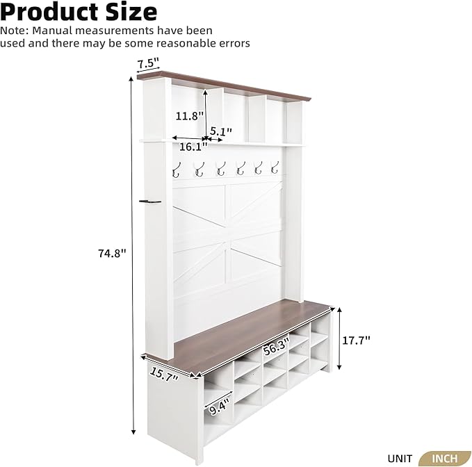 Merax Farmhouse Wood Hall Tree with 6 Hooks and Entryway Shoe Bench, 4-in-1 Coat Rack with 16 Open Compartments & Adjustable Shelves, for Entrance, Hallway, Mudroom, White