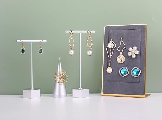 GemeShou Metal 2pcs Earring T Stand Silver Retail Display Holder for Show, White T Bar Jewelry for Online Store Photography 【Silver-Hexagon Base 2pcs Height 4.5" and 5.3"】