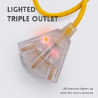EP 10 Ft Lighted Outdoor Extension Cord with 3 Electrical Power Outlets - 14/3 SJTW Heavy Duty Yellow Extension Cable with 3 Prong Grounded Plug - Power Cord for Lawn, Garden, Appliances