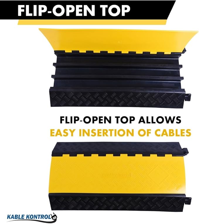 Kable Kontrol Atlas Heavy Duty Cable Protector Ramp - 3 Channel Bulk Wholesale Pallet - 20 Pcs - 36” Long Black & Yellow – 44000 Lbs Capacity - Rubber Speed Bump Wire Protector Cord Cover – CP9986