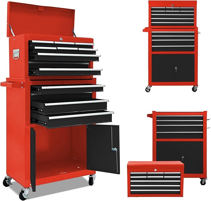 13-Drawer Rolling Tool Chest with Double Door, Extra Large Storage Cabinets with Tool Box, 2-in-1 Detachable Design, 600 lbs Capacity with Lockable Wheels for Garage, Mechanic & Home Use (Red＆Black)