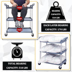 Plastic Utility Carts with Wheels, 3-Tier Medium Size Restaurant Food Cart, Heavy Duty 510lbs Capacity Rolling Service Cart w/Hammer for Commercial, Kitchen, Office (Lockable Wheels, M-Grey)