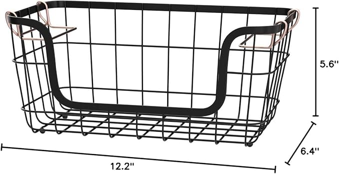 Amazon Basics Stackable Metal Wire Rectangular Storage Basket Set for Kitchen or Bathroom, 2 Count, Black