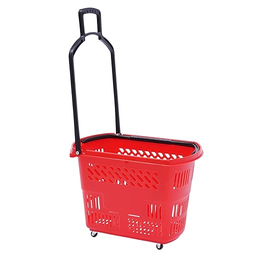 Rolling Shopping Baskets, 6PCS Shopping Carts 35L/9.2gal Plastic Rolling Shopping Basket with Wheels and Handle for Carrying and Storing Clothing Groceries (Red)