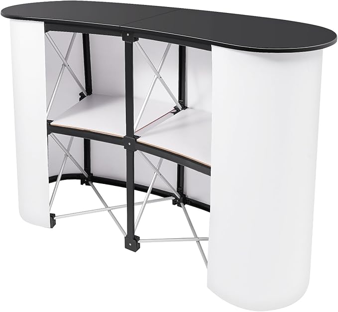 Portable Tradeshow Podium Table, 51.97x15.75x35.43Inch Curved Pop Up Table Foldable Retail Bar Table Reception Desk Speech Stand with Storage Rack for Checkout Exhibition Promotion Retail