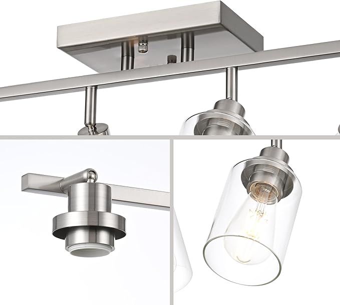 4 Light Track Lighting Fixtures Ceiling Kitchen Track Lighting Kit Brushed Nickel Bathroom Tracking Vanity Lights with Clear Glass Shade, Rotatable Spotlight for Accent Task Wall Art Hallway