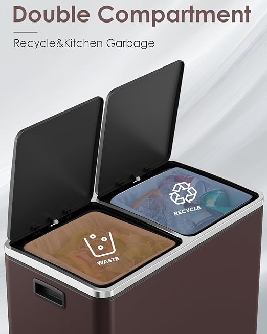 Arlopu Dual Trash Can, 2 x 8 Gallon (2 x 30 L) Hands-Free Trash and Recycle Bin Combo, Stainless Steel Kitchen Garbage Can with Soft-Close Lid, Removable Inner Buckets, Step Pedal, Airtight (Brown)