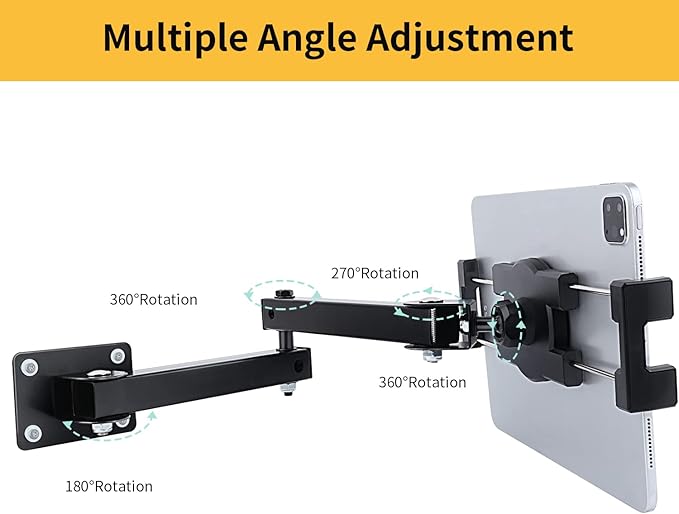 Foldable Wall Mount iPad Holder Tablet Mount Stand,360° Adjustable Tablet Holder,2-Stage Extendable Articulating Aluminum Alloy Arm,Compatible with 4.7~12.9" iPad/Nexus/e-Reader/Switch/iPhone