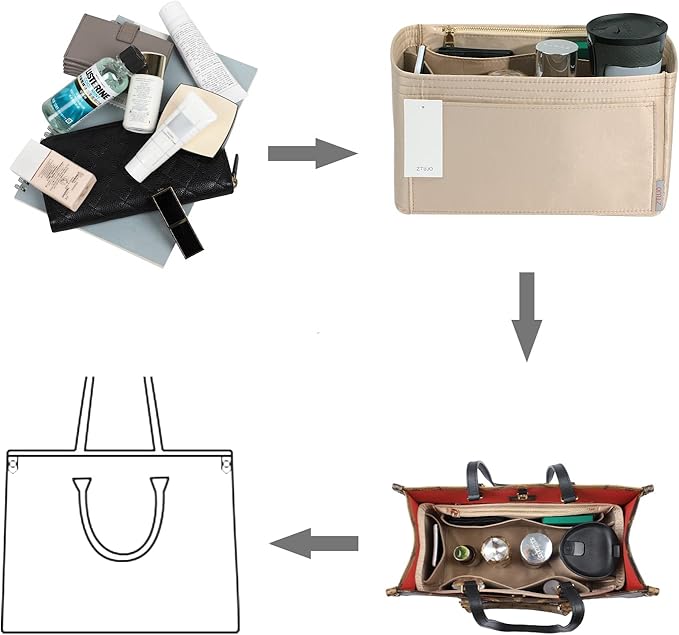 ZTUJO Purse Organizer Insert For Handbags, Silky Touching Bag Organizer Insert With Bottle Holder, Perfect for Speedy, Neverfull, Tote,ONTHEGO,Artsy,Handbag and More (Slender Large, Silky Beige)