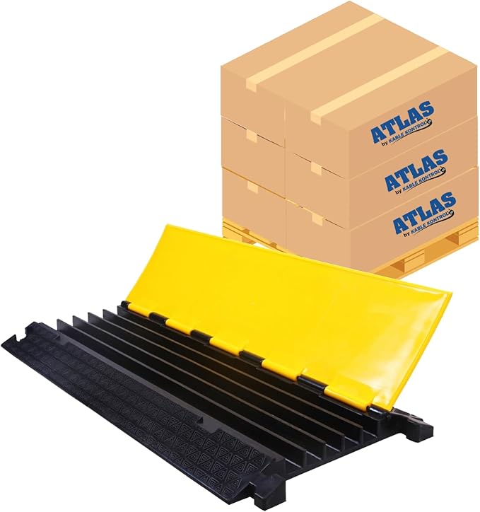 Kable Kontrol Atlas Cable Protector Wire Ramp - 5 Channel Bulk Wholesale Pallet – 20 Pcs - 35” Long Black & Yellow - 24000 Lbs Load Capacity - Rubber Speed Bump Wire Protector Cord Cover - CP9975