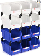 Stackable Storage Bins 12 Pack (7x5x4 Inch), Plastic Stackable Storage Organizer Bins Wall Mounted Hanging Small Parts Bin for Garage, Workbench & Office (Blue & White)