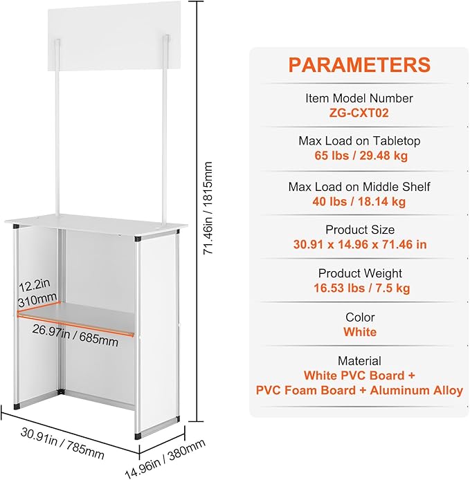 VEVOR Promotion Counter Table, Portable Tradeshow Podium Table, 30.91" x 14.96" x 71.46", Display Exhibition Counter Stand Booth Fair with Wall, Pop Up Podium with Storage Rack/Carrying Bag