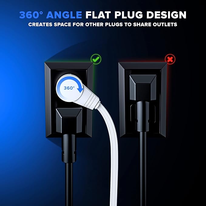 Maximm Cable 25 Ft 360° Rotating Flat Plug Extension Cord/Wire, 16 AWG Multi 3 Outlet Extension Wire, 3 Prong Grounded Wire - White - UL Certified