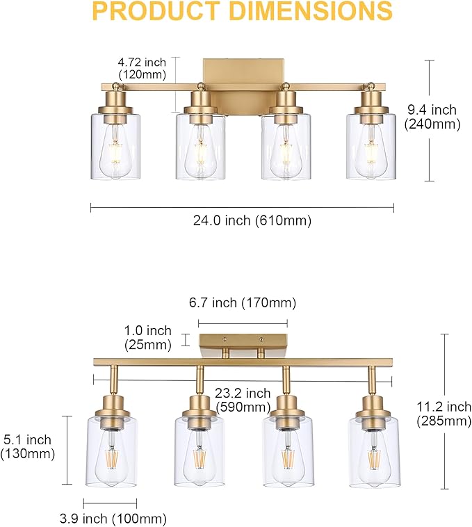 4-Light Gold Track Lighting Kits, Multi-Directional Rotating Kitchen Ceiling Tracking Light Fixture with Clear Glass, Modern Bathroom Ceiling Vanity Track Lights for Kitchen Island Accent Shop