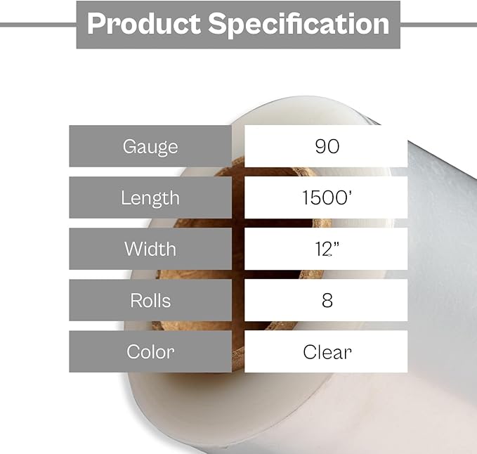 PSBM Stretch Wrap, 8 Pack, 12 Inch x 1500 Feet, 90 Gauge, Clear Plastic Cling, Cast Hand Stretch Film Rolls for Packaging Moving Packing Pallets