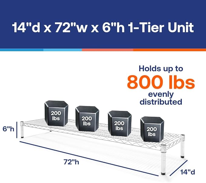 Shelving Inc. 14" d x 72" w Chrome Wire Shelving with 1 Tier Shelf, Weight Capacity 800lbs Per Shelf