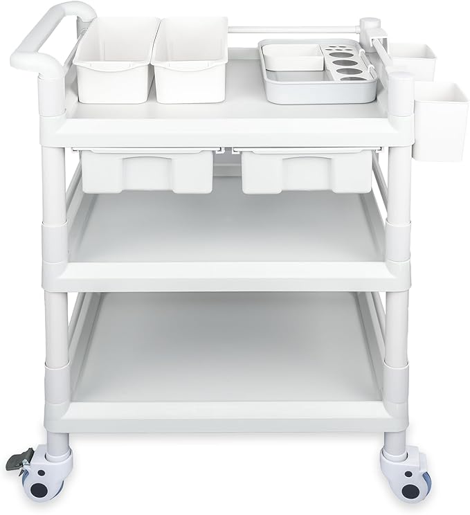 Medical Mobile Trolley Cart 3 Tier 500 Lbs Spacious Beauty Salon Rolling Trolley with Dirt Buckets Drawers 360°Rotate Wheels Heavy Duty Medical Utility Cart for Hospital Dental Clinic