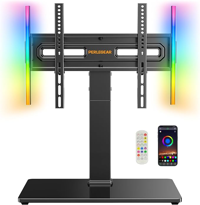Perlegear Universal Swivel TV Stand with LED Lights for 32–70 inch TVs, Height Adjustable Table Top TV Stand with Tilt, Tempered Glass Base, Holds up to 88 lbs, Max VESA 400x400mm, PGTVS32B