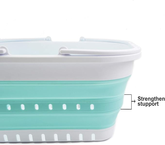 SAMMART 19L (5 Gallon) Collapsible Tub with Handle - Portable Outdoor Picnic Basket/Crater - Foldable Shopping Bag - Space Saving Storage Container (1, White/Lake Green)