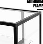 70”D * 20”W * 38”H - Freestanding Retail LED Full Vision Glass Display Case, Black Aluminum Frame, Two Adjustable Height Tempered Glass Shelves