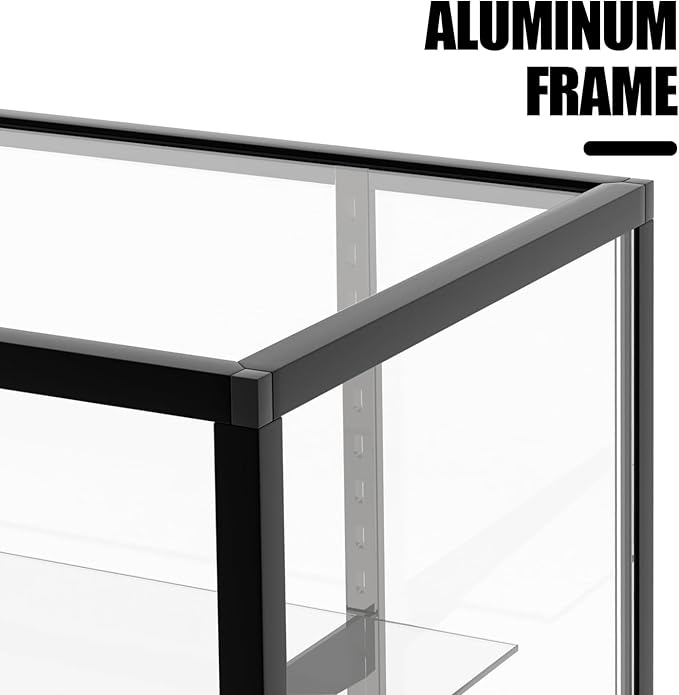 48”D * 20”W * 38”H - Freestanding Retail LED Full Vision Glass Display Case, Black Aluminum Frame, Two Adjustable Height Tempered Glass Shelves