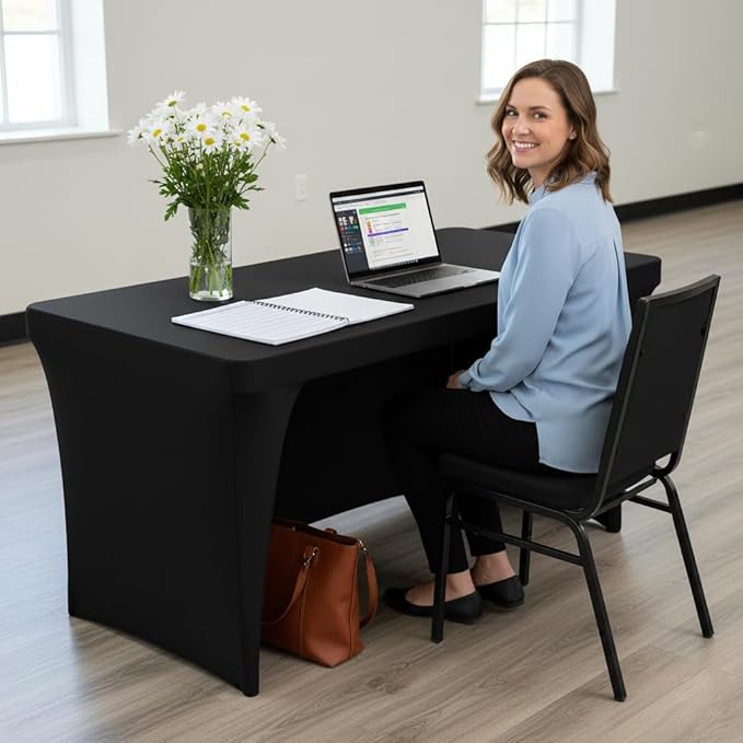 Nasitos 2 Pack Black Table Cloth 6 Foot-Spandex Fitted Tablecloth Rectangle Tables, Open Back Stretch Folding Trade Show Table Covers Fabric Washable & Wrinkle Resistant for Parties, Wedding, Event