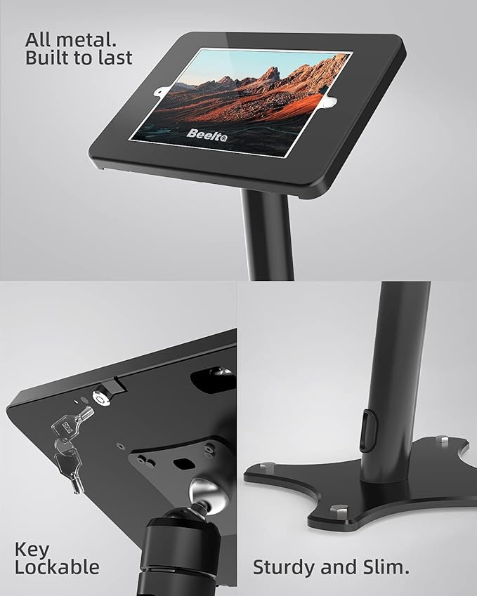 Tablet Floor Stand - 360 Swivel Compatible with 10.2" iPad 7 8 9 Gen, Anti-Theft, Key Lock, All Metal Floor Kiosk Stand